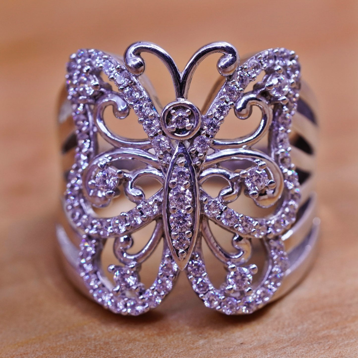 Size 10, vintage SJD Sterling silver ring, 925 butterfly with cluster Cz