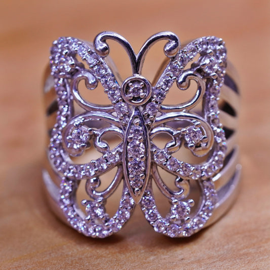 Size 10, vintage SJD Sterling silver ring, 925 butterfly with cluster Cz