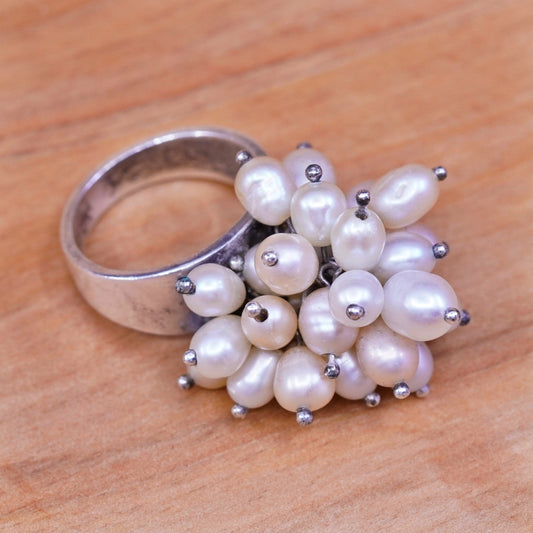 Size 7.25, vintage Sterling 925 silver handmade ring with cluster pearl