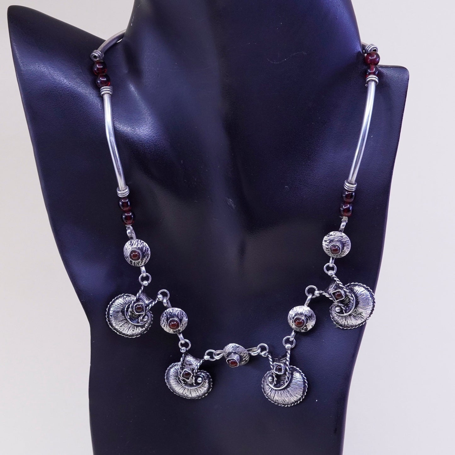 16”, unique sterling silver handmade necklace, 925 bar chain garnet pendant