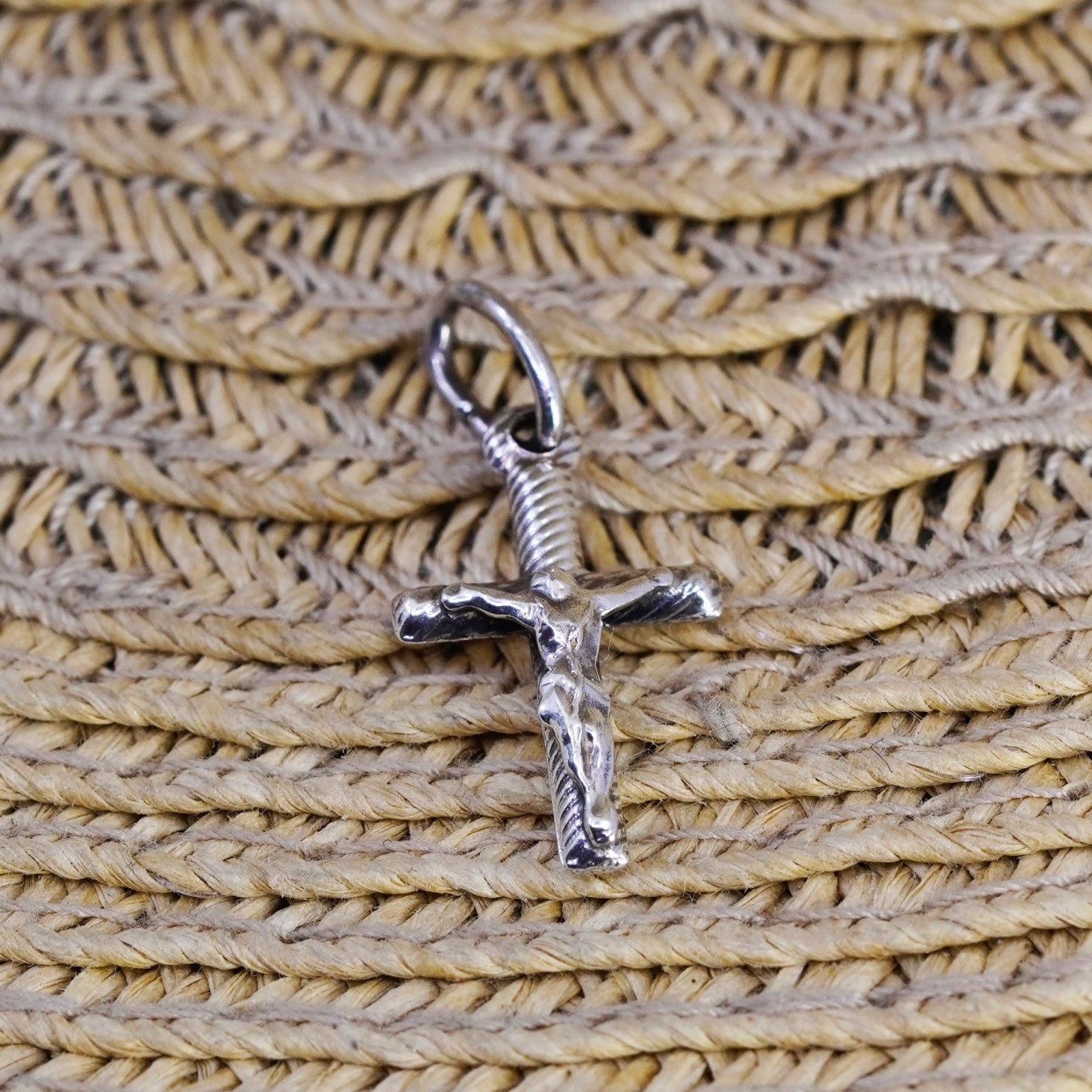 Vintage Sterling silver handmade pendant, tiny 925 cross with Jesus