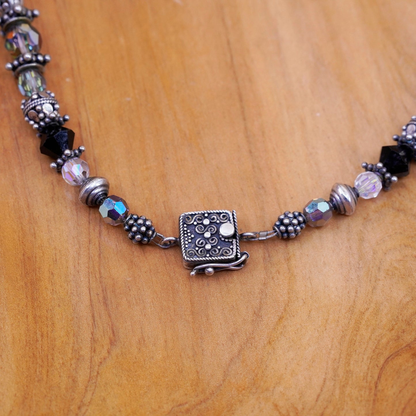 16”, sterling 925 silver handmade necklace with obsidian crystal and Bali beads