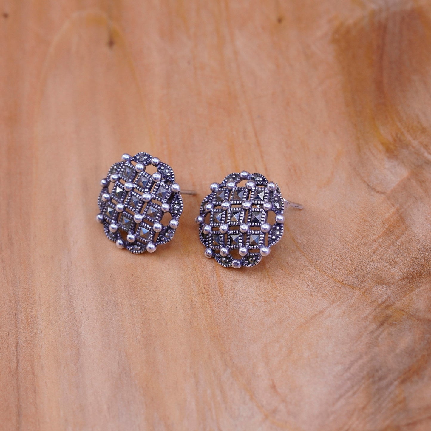 vtg Sterling silver handmade earrings, Mexico 925 round studs with marcasite