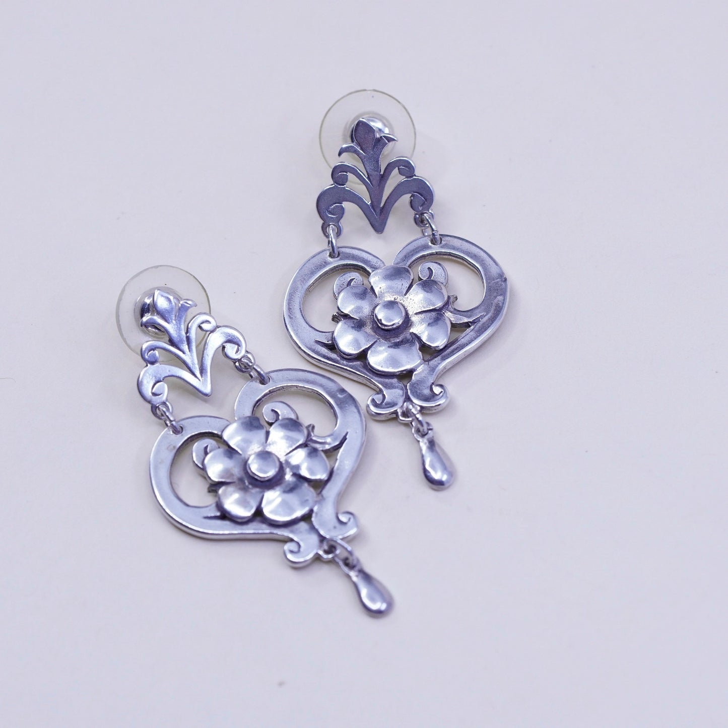 Vintage Grenia Sterling 925 silver handmade earrings with heart flower drops