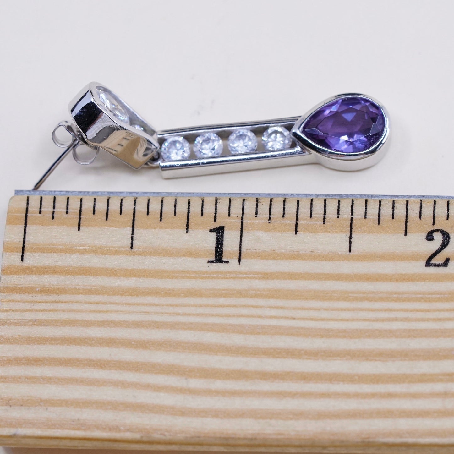 Vintage modern sterling silver handmade earrings, 925 w/ teardrop amethyst N Cz