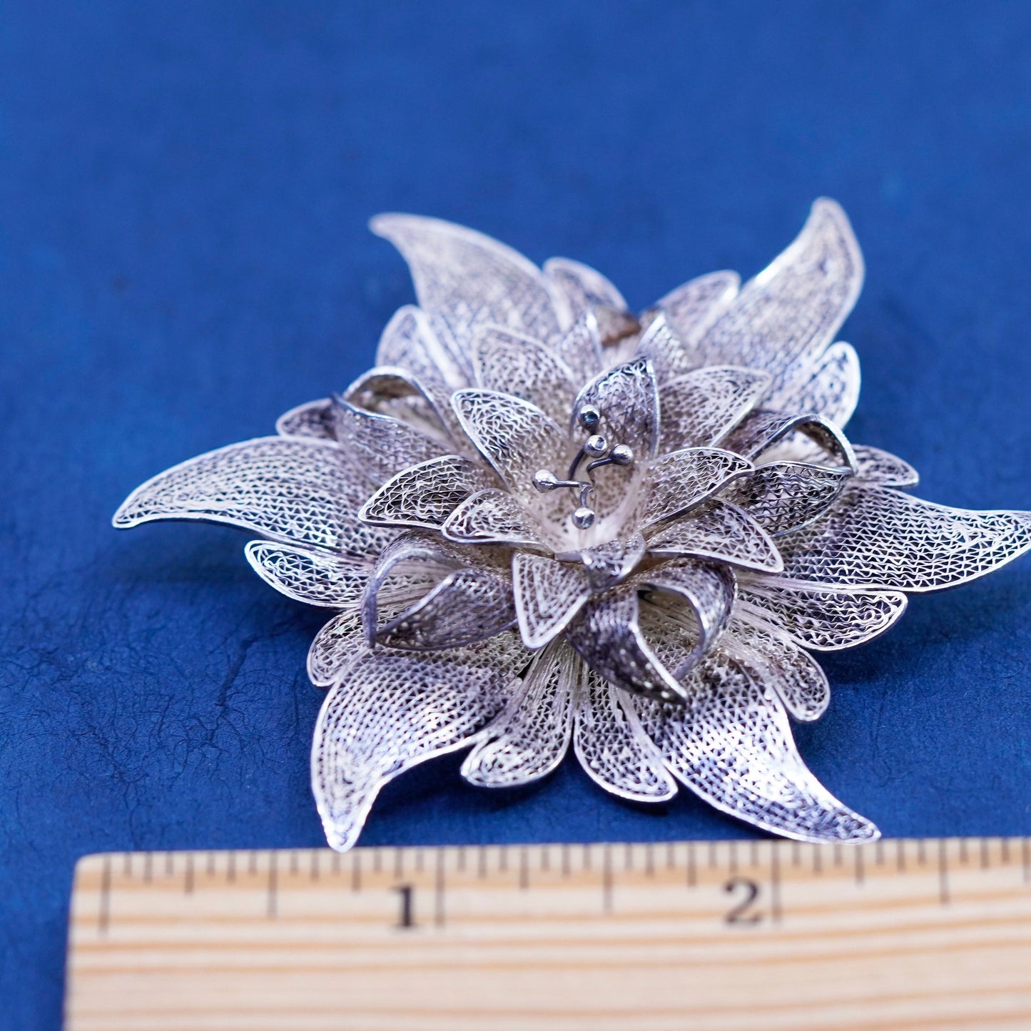 Vintage sterling silver handmade brooch, 925 filigree flower snowflake pin