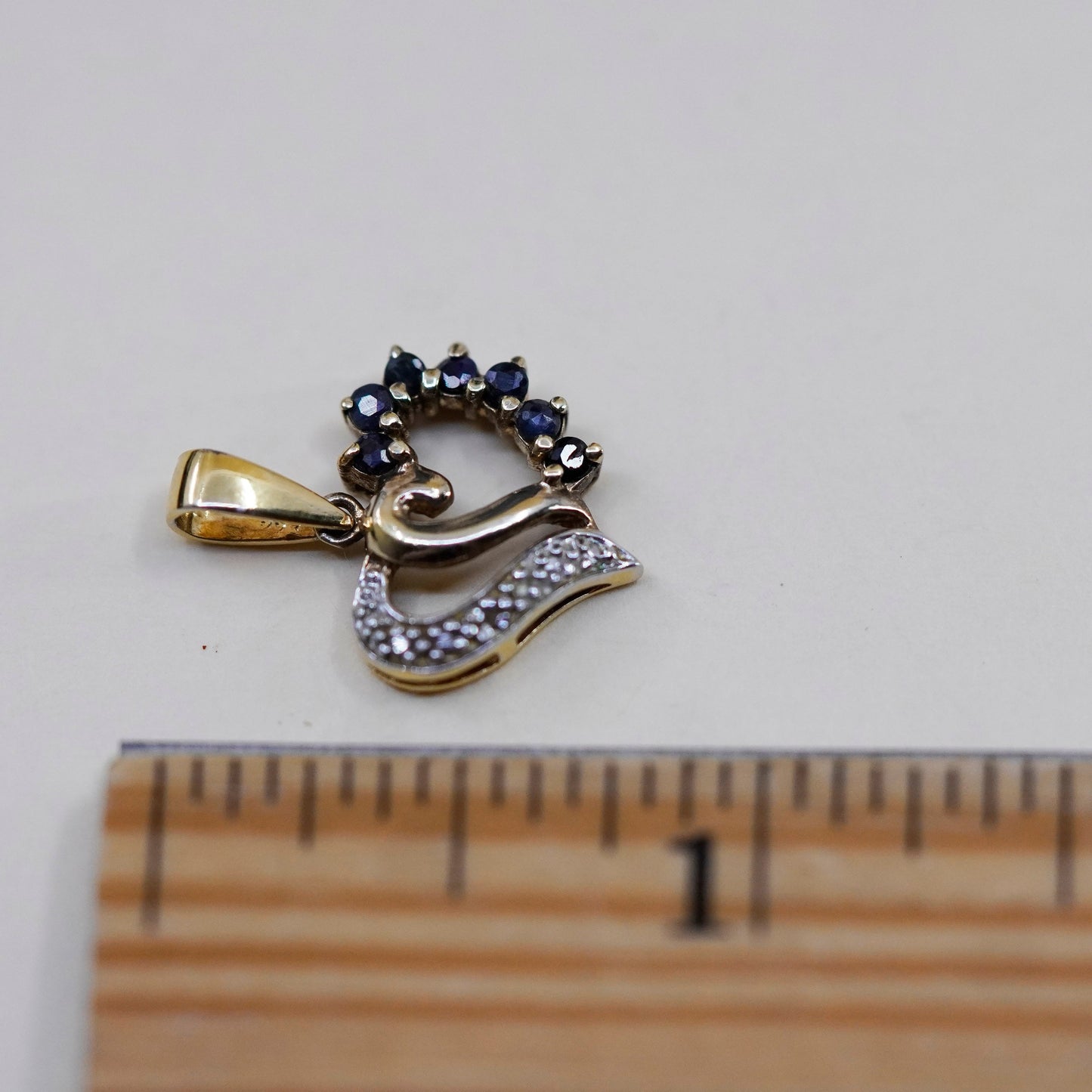 vtg vermeil Gold filled Sterling silver pendant, 925 heart sapphire diamonds