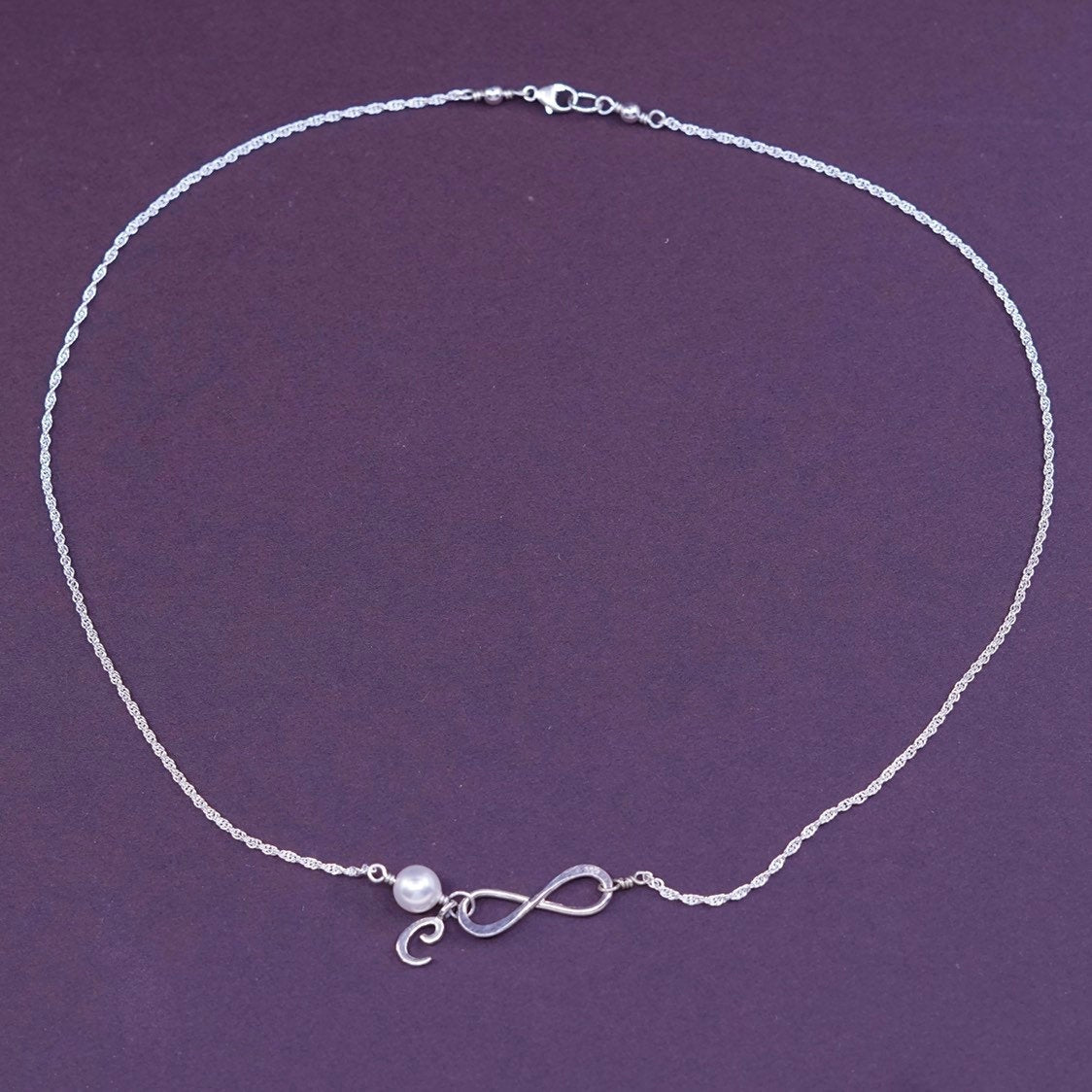 16”, vtg Sterling silver necklace, 925 Circle chain w/ pearl N infinity symbol