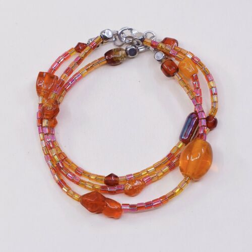 6.5” Vtg Sterling Silver Handmade Bracelet, 925 Clasp W/ Red Orange Glass Beads