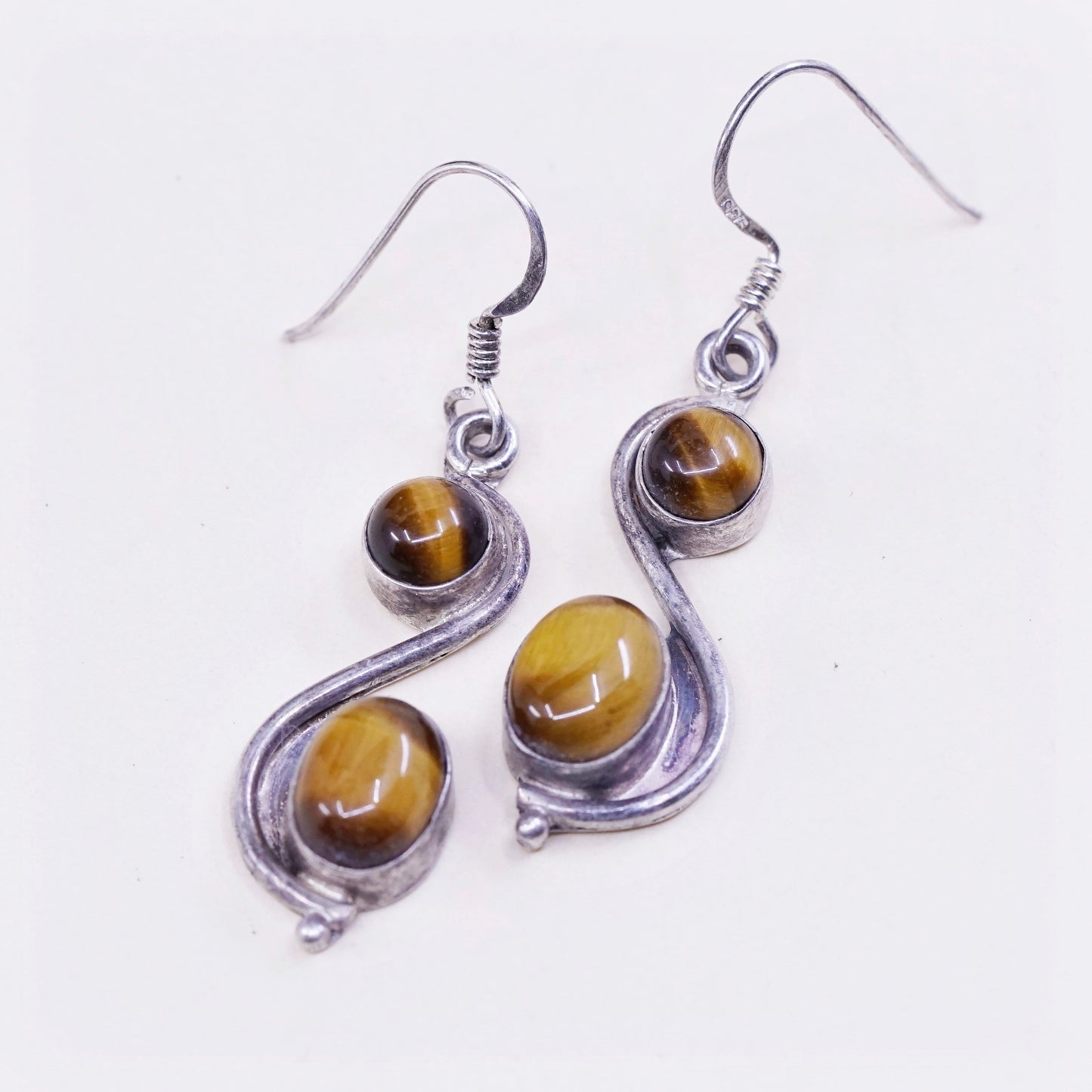 Vintage Sterling silver handmade earrings, 925 with tiger eye dangles