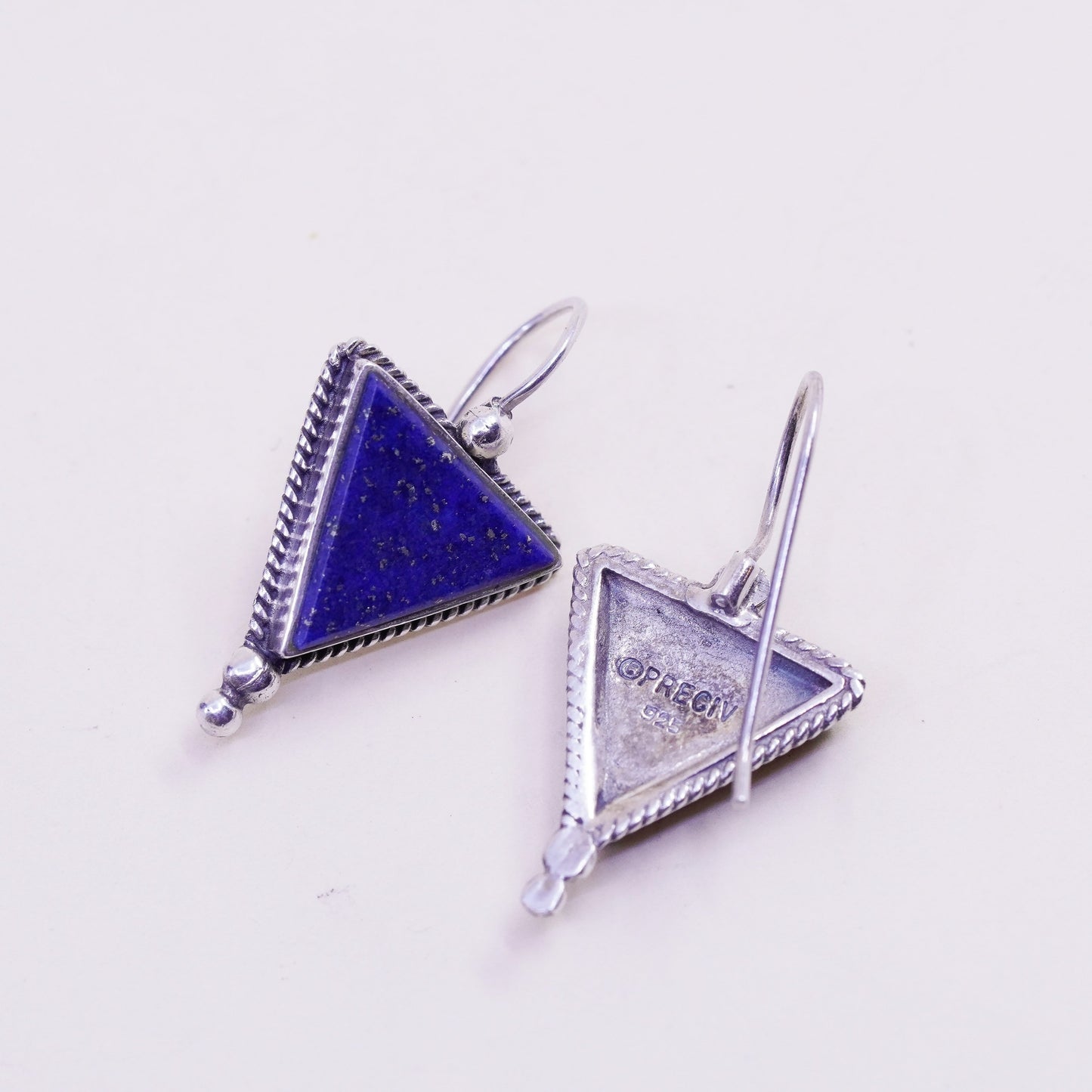 Vintage PRECIV Sterling 925 Silver Handmade earrings w/ triangular lapis lazuli