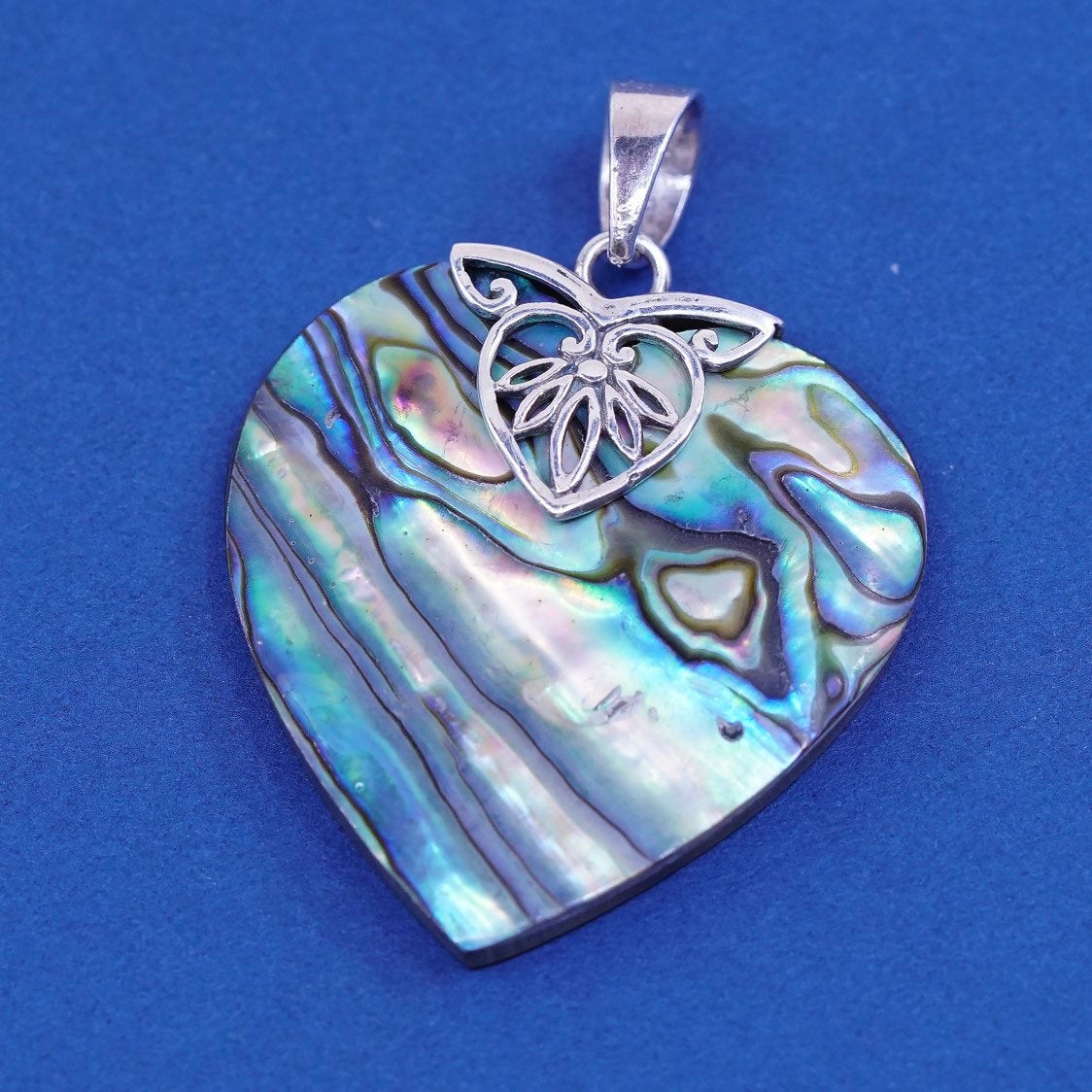 vtg Indonesia Sterling silver handmade pendant, 925 pendant w/ heart abalone