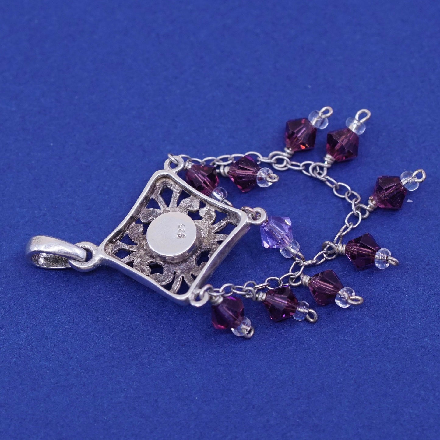 Vintage sterling silver handmade pendant, 925 filigree w/ amethyst N pink Cz