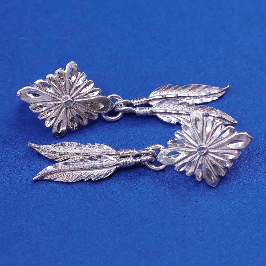 vtg Sterling silver handmade earrings, 925 studs w/ feather dangles