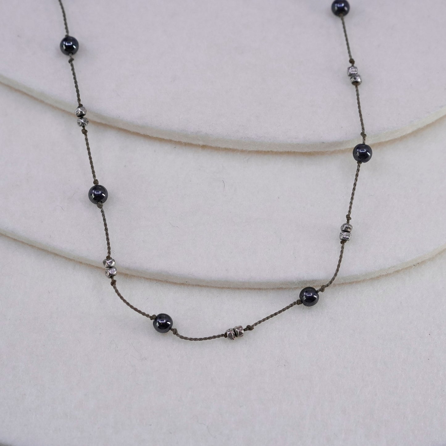 18”, Sterling 925 liquid silver handmade linen necklace with hematite beads