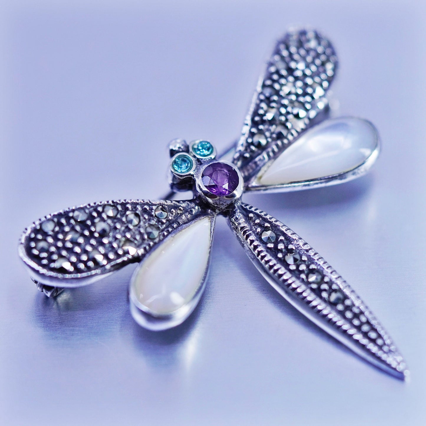 sterling silver handmade brooch, 925 dragonfly pin amethyst moonstone Marcasite