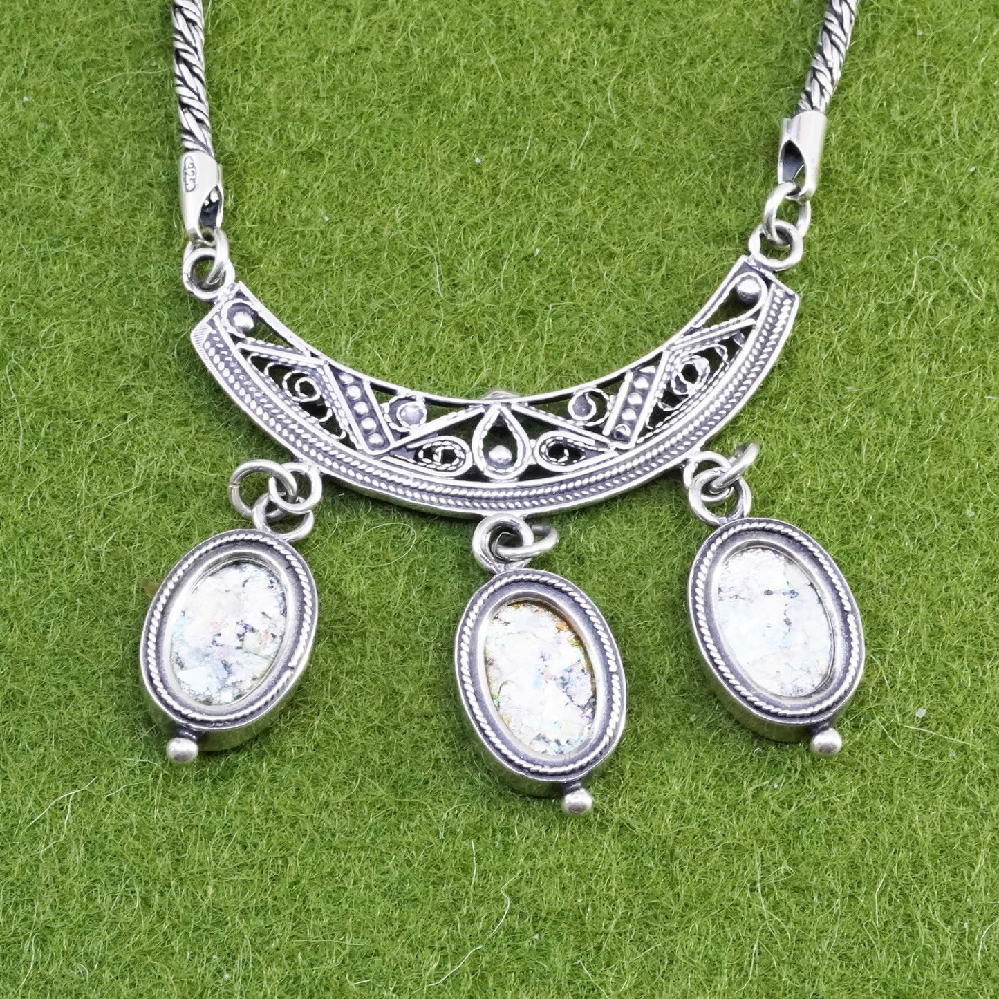 18”, Sterling silver necklace, 925 wheat chain w/ Roman glass filigree pendant