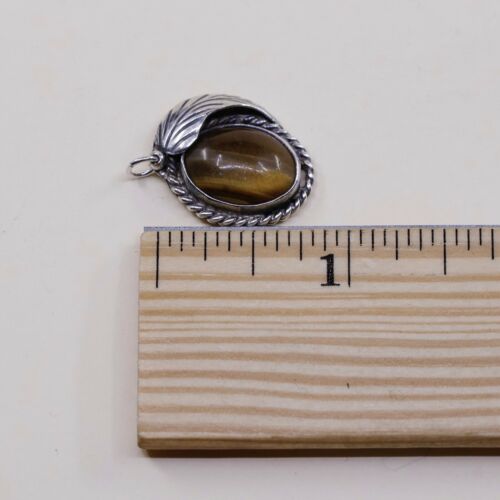 Vtg Sterling Silver handmade Golden tiger eye Pendant, 925 silver Leaf