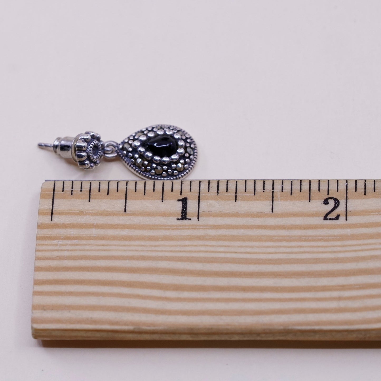 Vintage Sterling silver handmade earrings, 925 drops w/ obsidian and marcasite