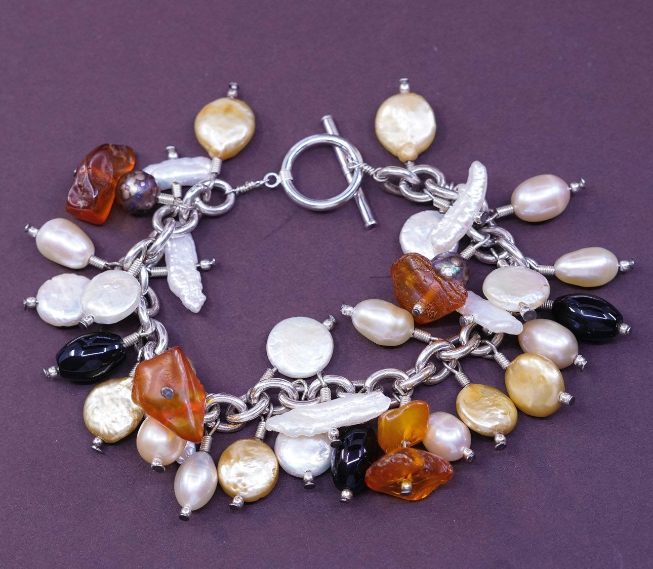 7.25", Sterling silver bracelet, 925 circle chain w/ pearl N amber obsidian