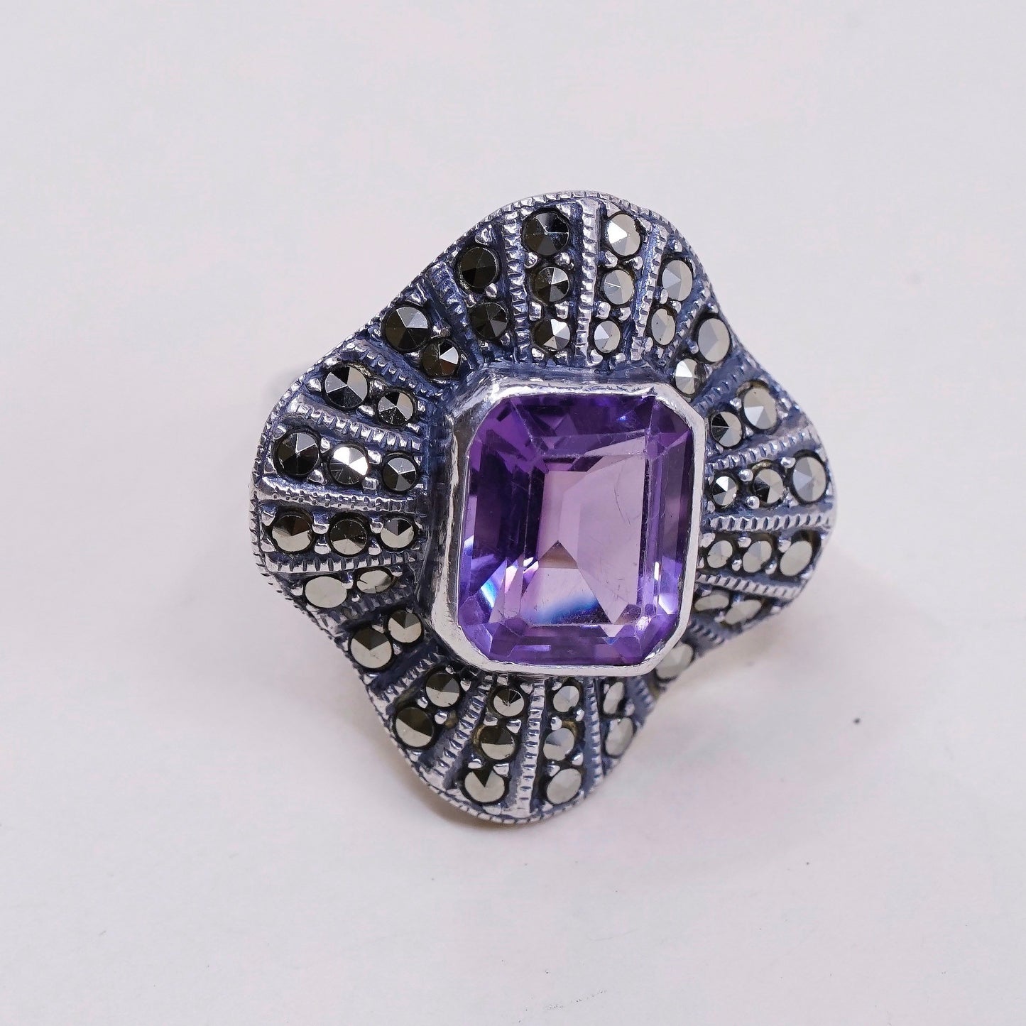 sz 6, VTG Judith Jack sterling 925 silver handmade ring w/ amethyst N marcasite