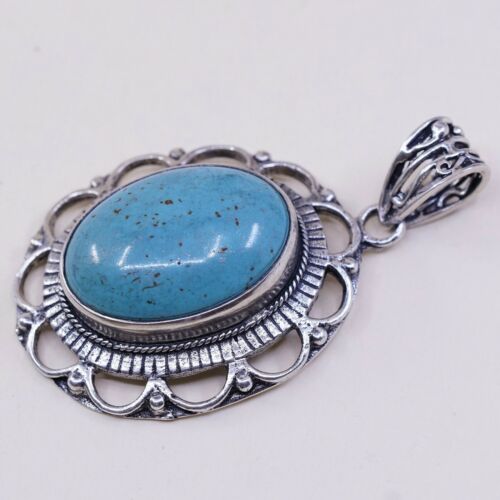 Vtg Southwestern Sterling 925 Silver Huge Handmade Pendant W/ Oval Turquoise