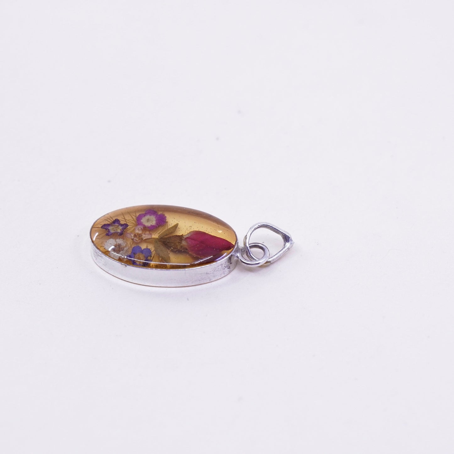 Vintage Sterling silver handmade pendant, mexico 925 resin with flower pendant