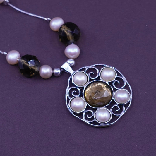 16”, JL Sterling 925 silver necklace, snake chain golden quartz pendant pearl