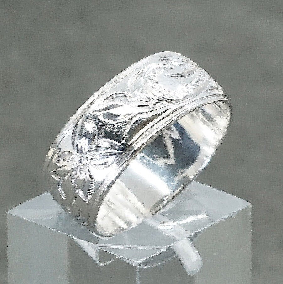 sz 7.5, vtg Sterling silver handmade ring, 925 band with flower engraved