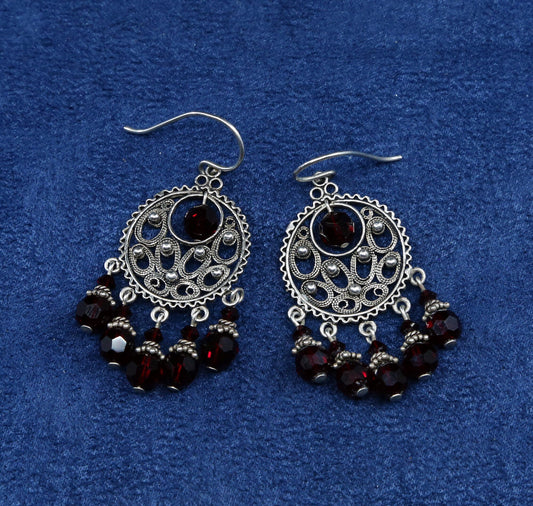 vtg Sterling silver handmade earrings, 925 filigree disk w/ Ruby cluster beads