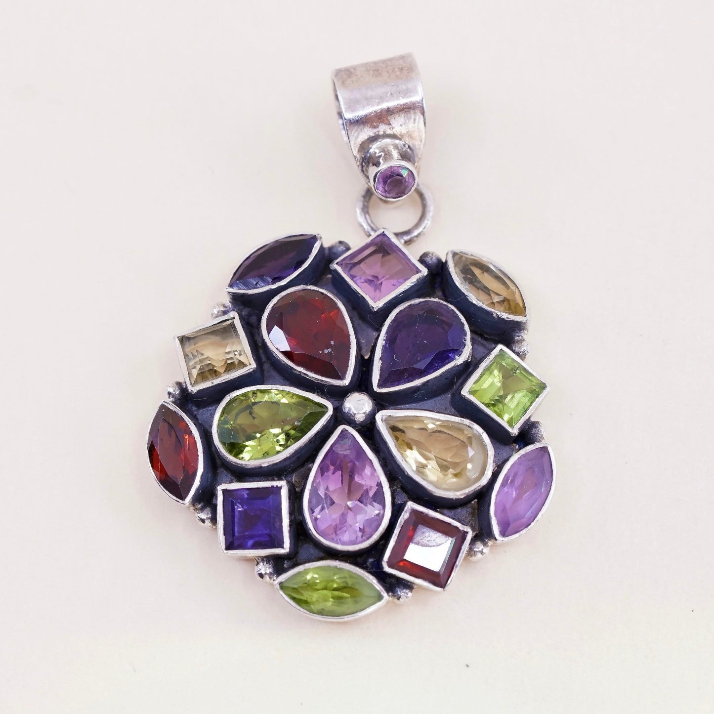 vintage sterling 925 silver handmade pendant with citrine peridot ruby amethyst