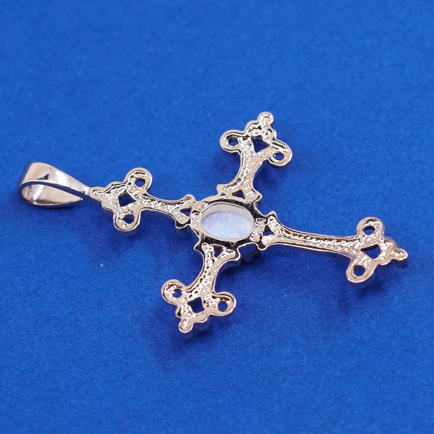 vtg vermeil gold Sterling silver handmade pendant, 925 cross w/ opal