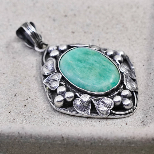 Vintage Sterling 925 silver handmade pendant with turquoise and leaves