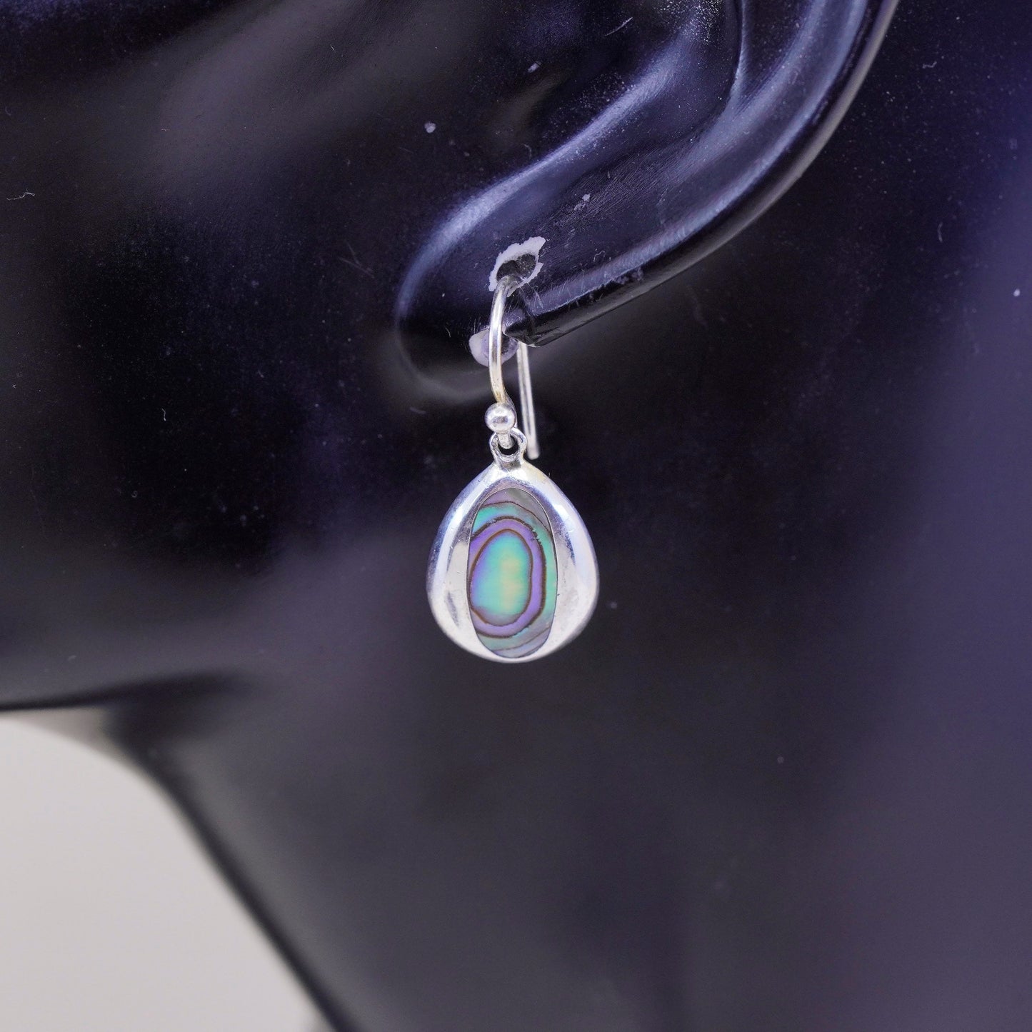 Vintage sterling 925 silver handmade teardrop earrings with abalone