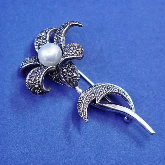 Vintage Sterling silver handmade brooch, 925 lily flower pin w/ pearl marcasite