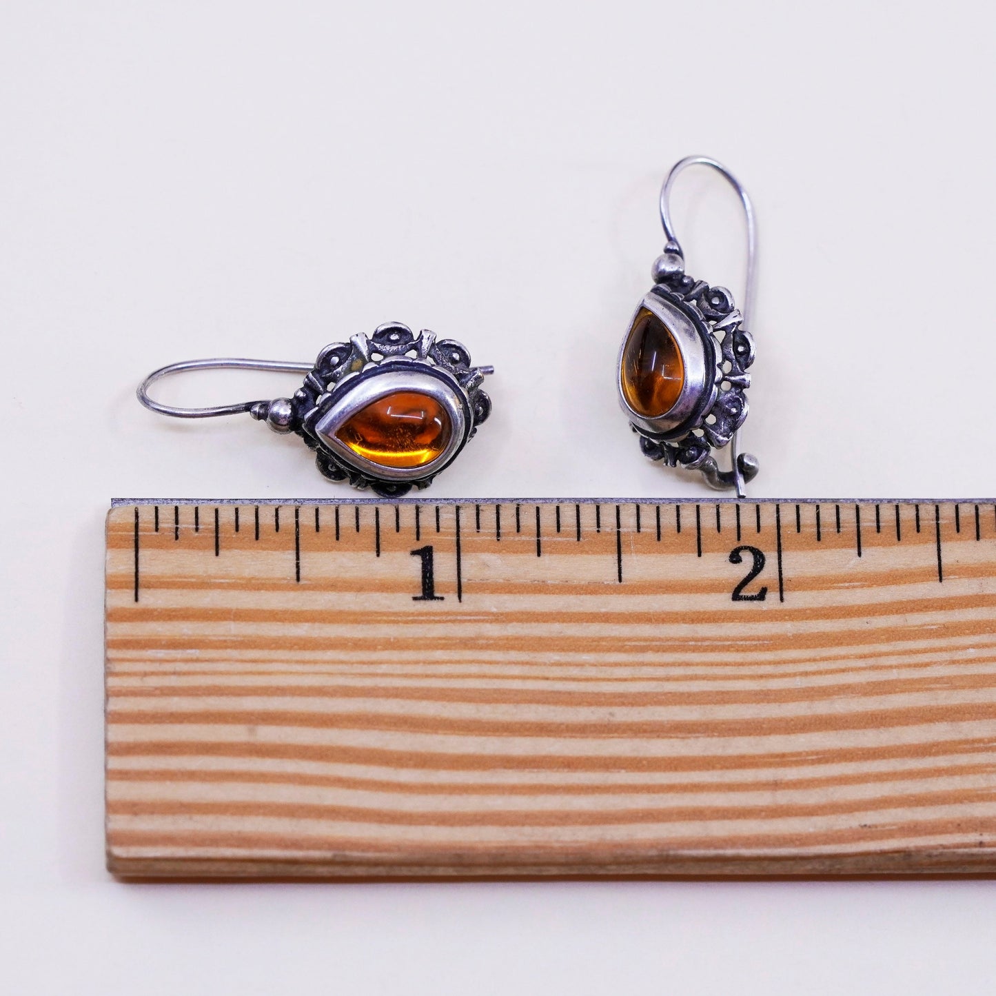 Vintage sterling 925 silver handmade earrings with teardrop Amber