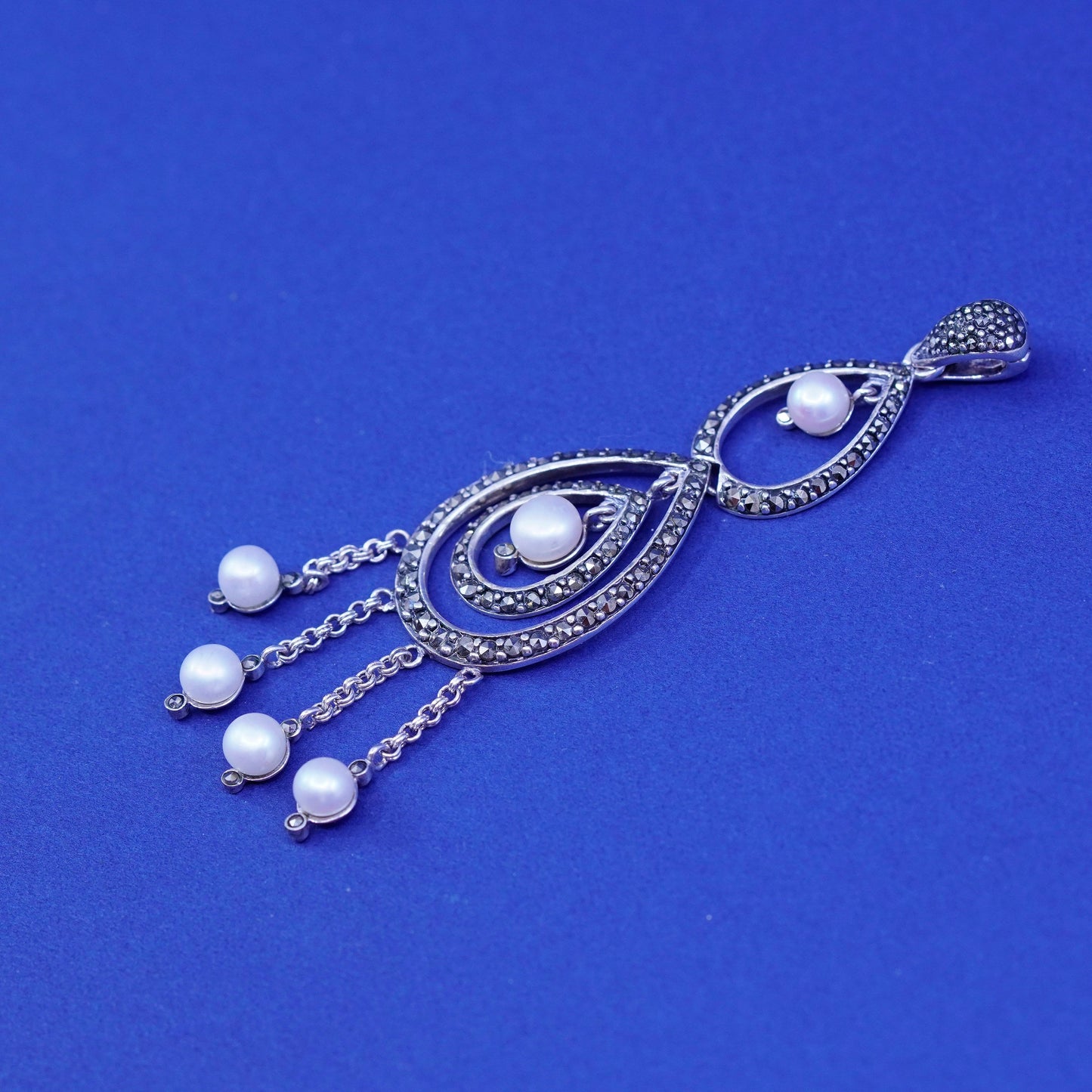 vtg Sterling silver handmade pendant, 925 teardrop with marcasite pearl fringe