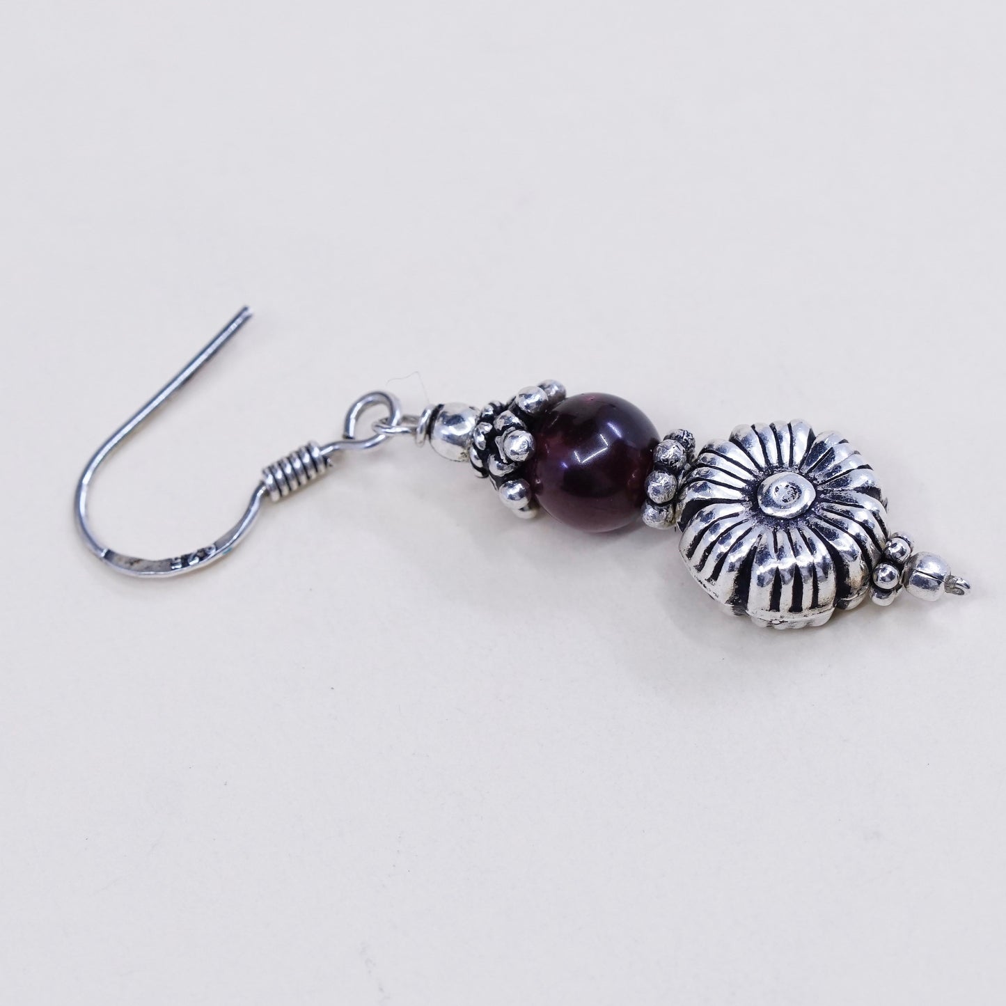 Vintage sterling silver flower earrings, 925 silver with garnet beads