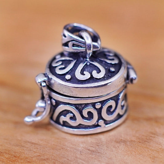 Vintage Sterling silver prayer box pendant, 925 handmade round locket charm
