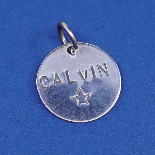 vtg sterling silver handmade pendant, 925 name charm embossed “Calvin”