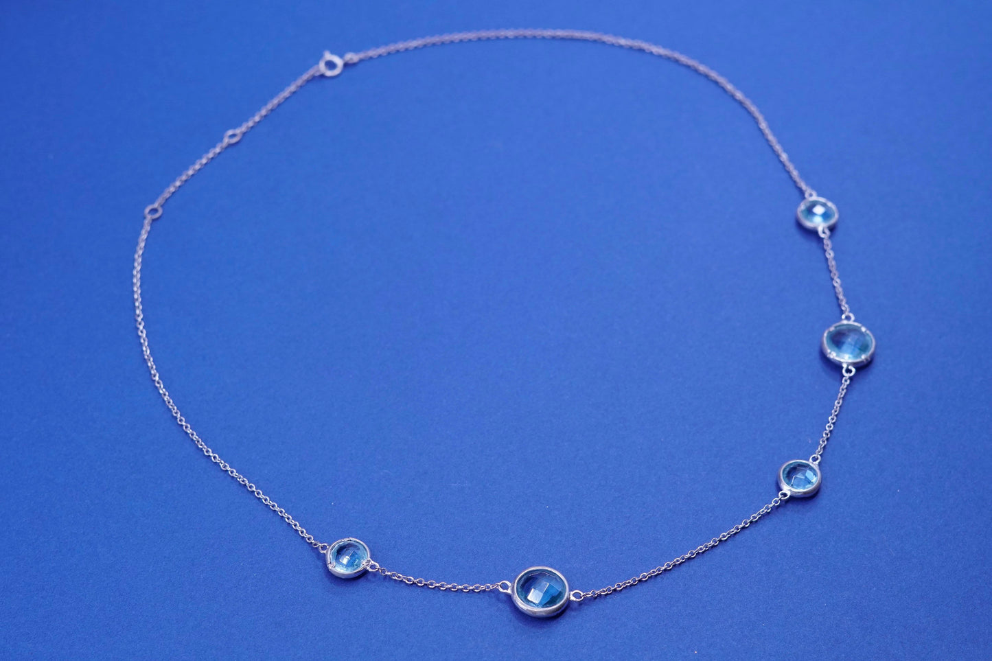 16+2”, vintage Sterling silver handmade necklace, 925 circle chain with blue Cz