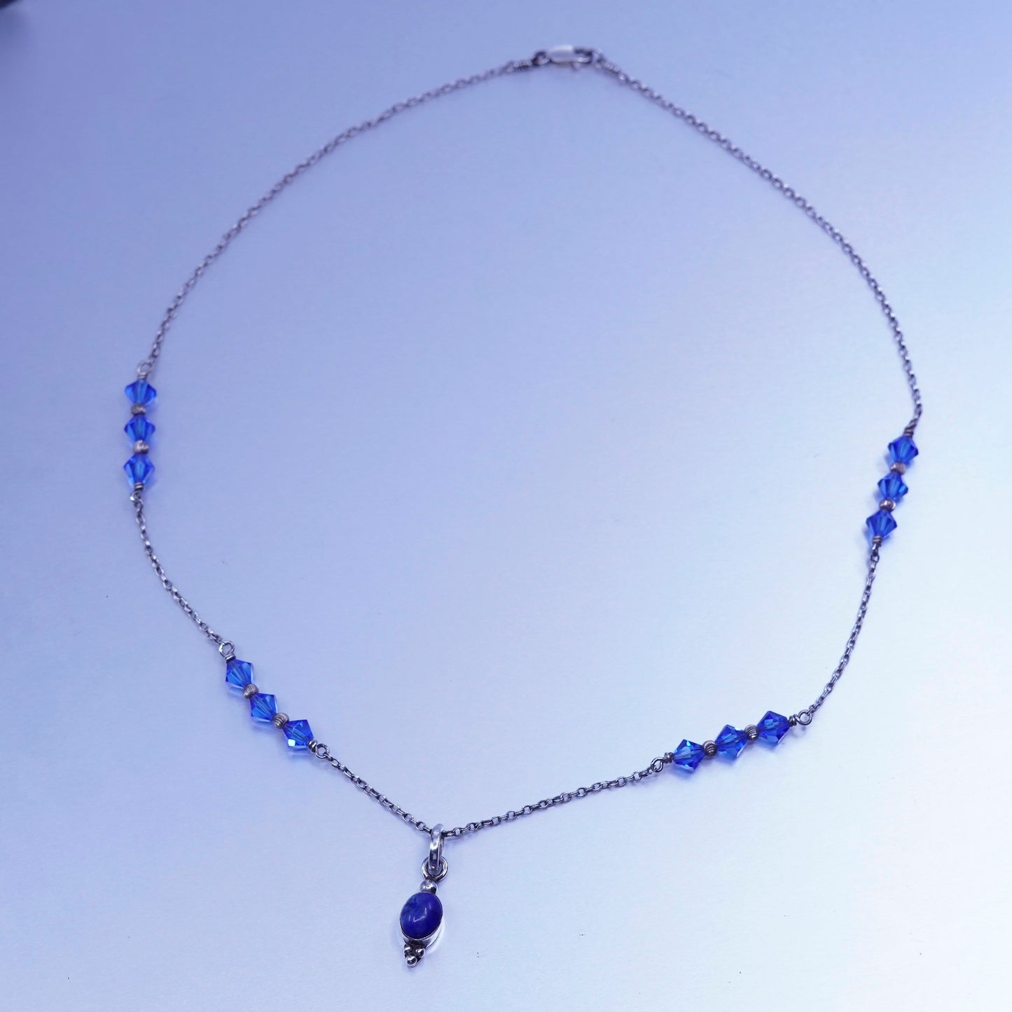 20”, Sterling 925 silver handmade double circle necklace lapis lazuli Crystal