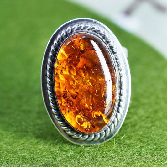 Size 8.75, Vintage Jay King DTR sterling 925 silver handmade ring w/ oval Amber