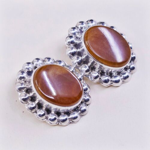 Vtg Taxco Talleres de Los Sterling 925 Silver Clip on Carnelian Earrings W/ Bead