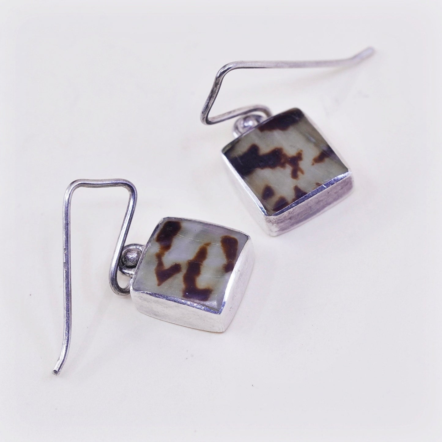 vtg Sterling 925 silver handmade earrings with rectangular dotted jasper drops