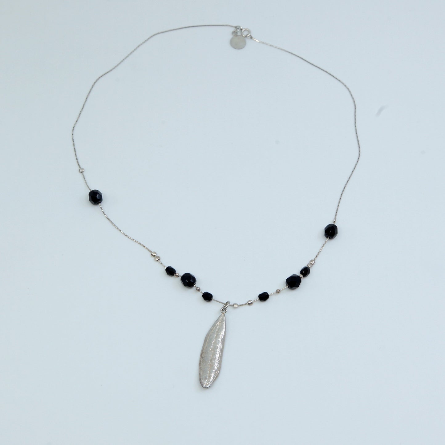 16", Sterling silver handmade necklace, 925 snake chain leaf pendant obsidian