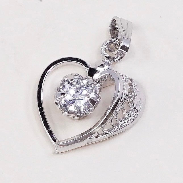 VTG sterling silver pendant, 925 silver heart pendant with crystal