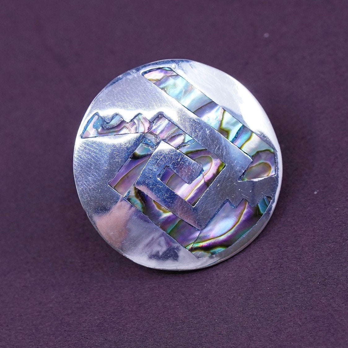 vtg Sterling silver handmade screw back earrings, 925 circle w/ abalone