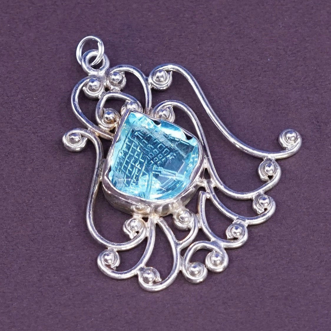 VTG Sterling silver handmade pendant, 925 swirl filigree w/ cushion blue topaz