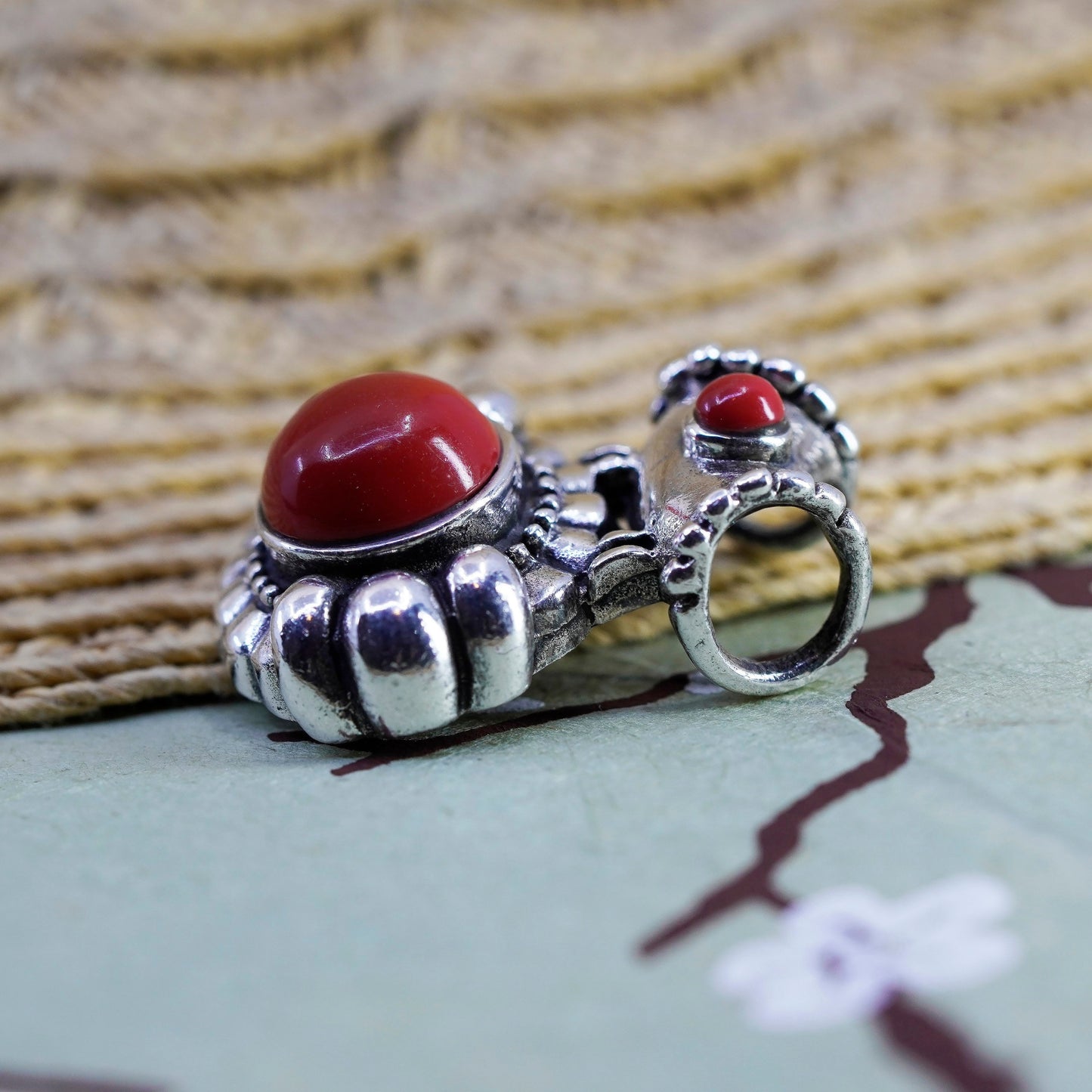 Vintage Sterling 925 silver handmade pendant red onyx and beads